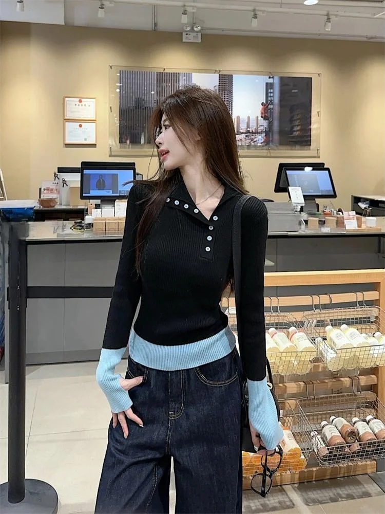 

Women's Slim Fit Thickened Knitted Sweater Spring Autumn Season Turn-down Collar Base Layer Color Block Design Sweet Style