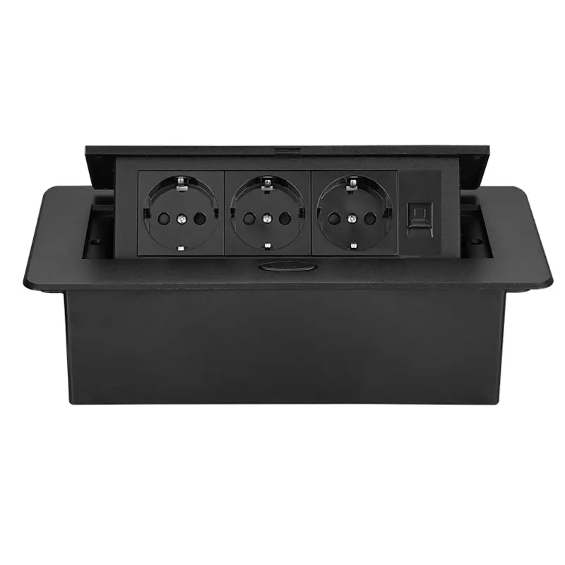 EU FR UK 16A 3-pin Desktop Pop-up Power 3 Plug Desktop Socket With CAT6 Computer Network For Conference Table Hidden Socket