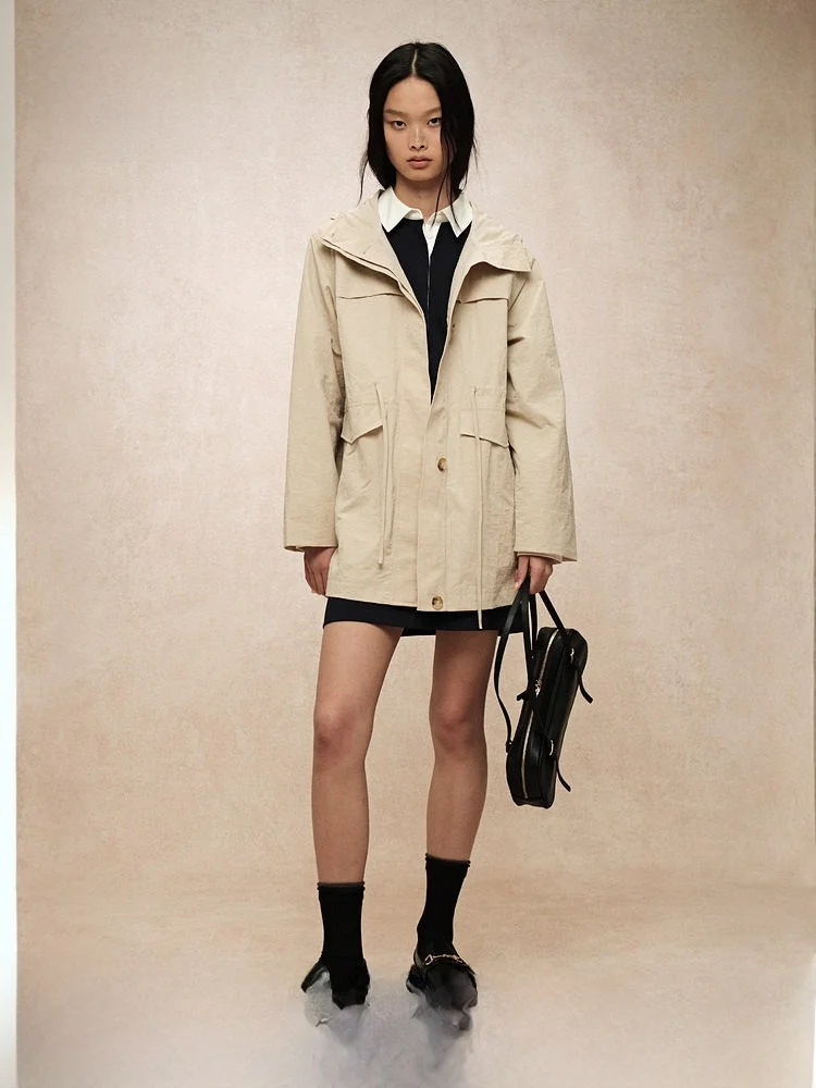 

H&M Women's Coat Comfortable Long Lightweight Waist-Cinching Workwear Hooded Jaet Korean Sle Loose Fit Nylon Fabric