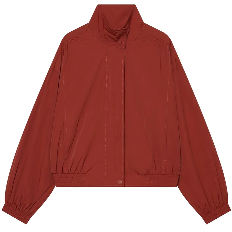 HXAO 2026 Women's Crop Red Loose Jacket Ruffled Oversized Bomber Jacket Stand Collar Long Sleeve Pilot Coat Streetwear Outerwear