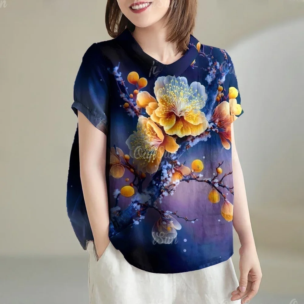 

Elegant Blouses for Women Colorful Floral Pattern Print Shirts Top Summer Short Sleeve T-Shirt Vintage Pulovers Women's Clothing