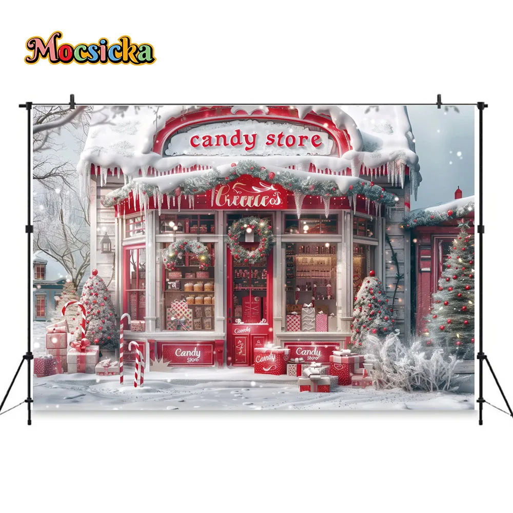 Christmas Candy Shop Background Photography White Red Candy Cane Gift Store Backdrop Merry Christmas Outdoor Booth Kids Portrait