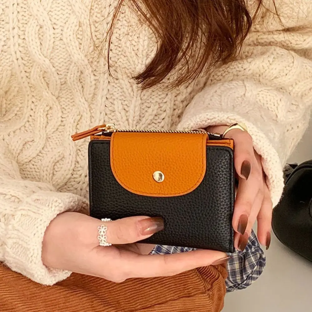 Zipper Contrast Color Wallet Korean Style Snap Button Solid Color Coin Purse Solid Color Storage Bag PU Card Holder Outdoor