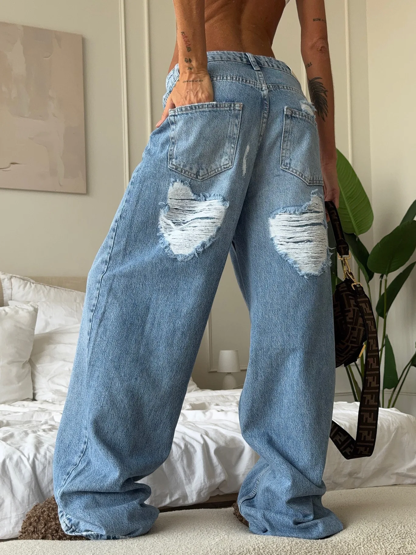Low Waist Ripped Jeans For Women Autumn New Heart-shaped Pattern Blue Denim Pants American Fashion Vintage Loose Trousers