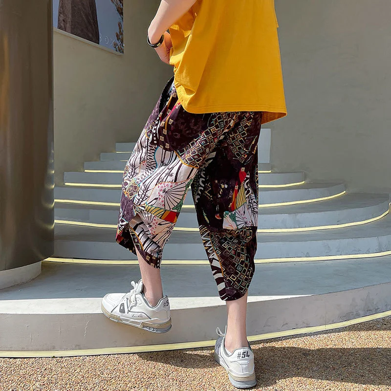 Summer Wild Leg Hawaii Linen Calf-Length Pants Personality Streetwear Chinese Style Casual Loose Beach Youth Trousers