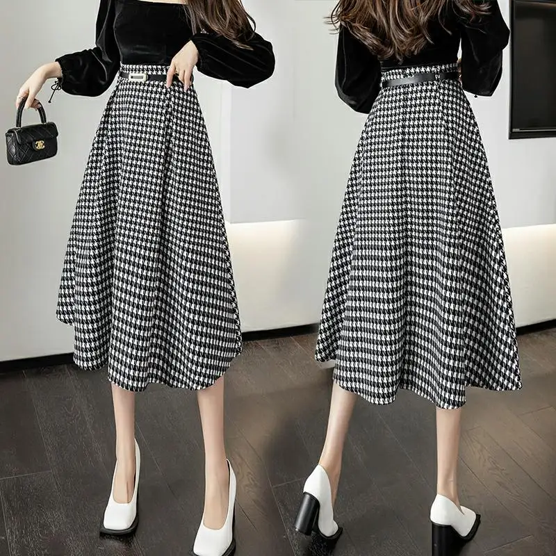 2024 Autumn/Winter New Mid length Skirt, Thousand Bird Grid A-line Skirt, High Waist, Slimming Half length Skirt