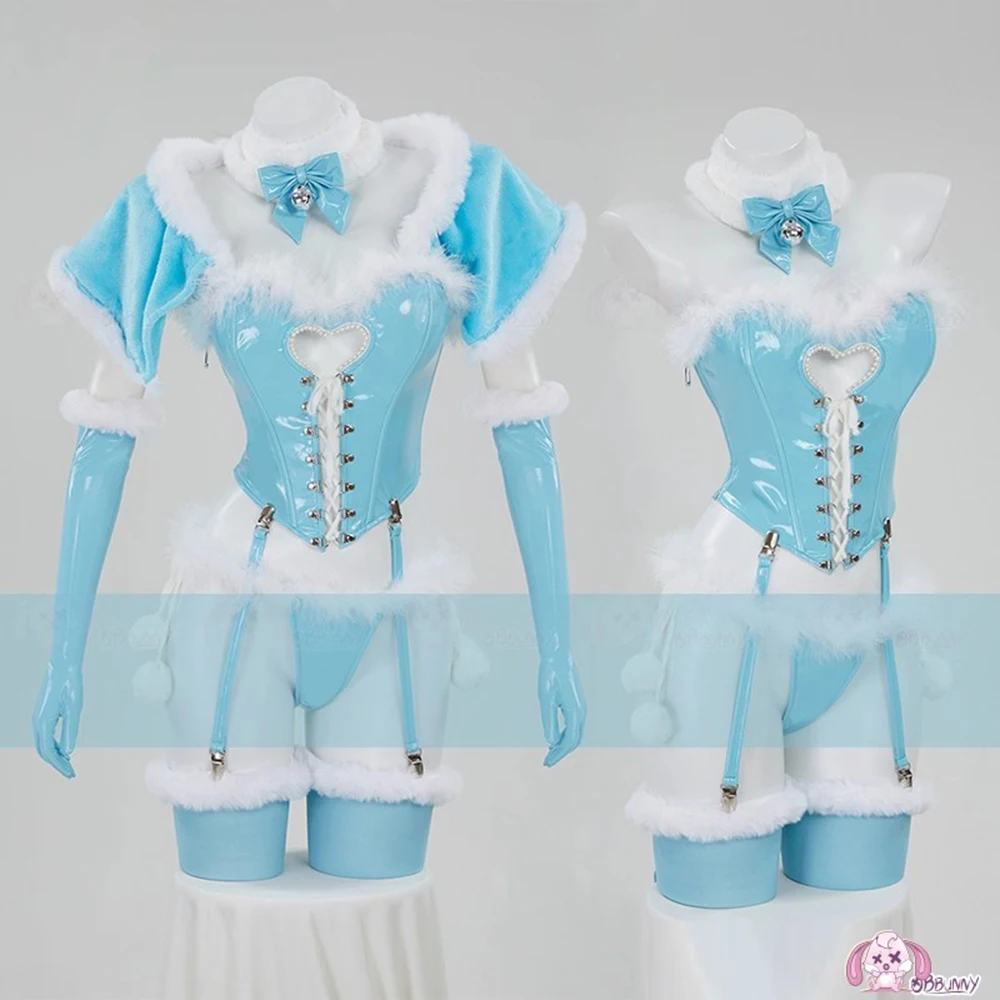 

Sexy Winter Christmas Blue White Cosplay Furry Heart Hollow Top and Panty with Cloak Cosplay Costume Women Lingerie Set