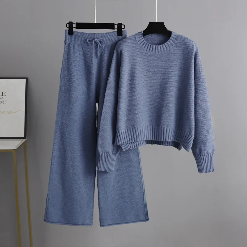 

New Fashion Casual Long Sleeve O Neck Knitted Two-Piece Set for Women Loose Sweater and Wide-Leg Pants Autumn Winter