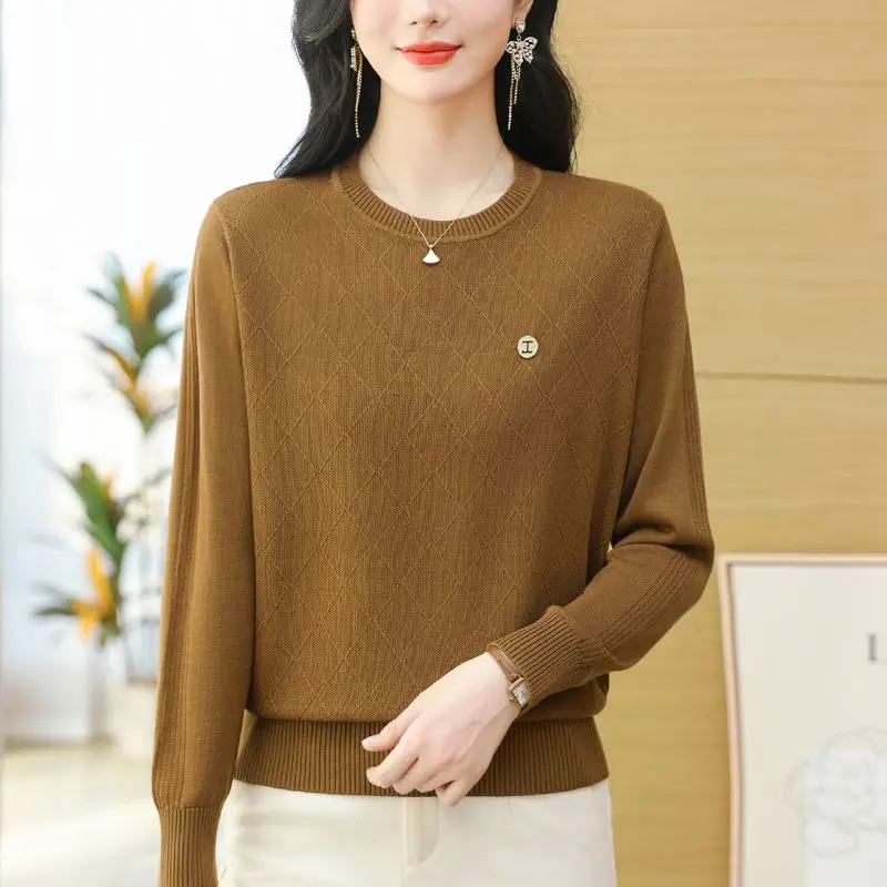 Spring Autumn Women's Clothing Solid Color Pullover Long Sleeve Round Neck Sweater Knitted Casual Loose Fashionable Rivet Tops