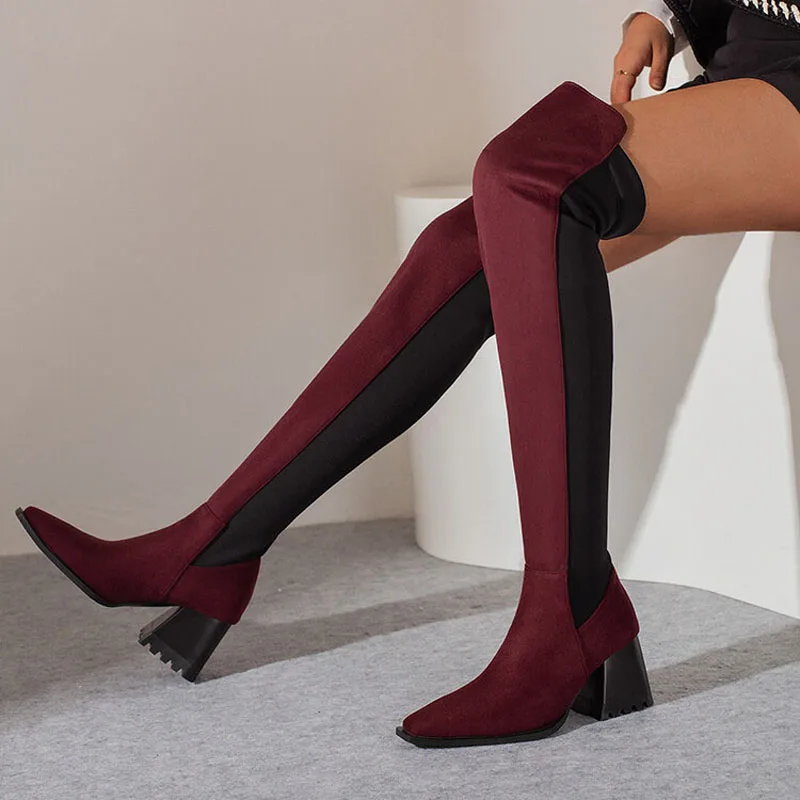 Winter Women Over the Knee High Boots Suede Color Matching Thigh Boot Black Slim High Heel Slip on Women Elastic Botas WSH4722