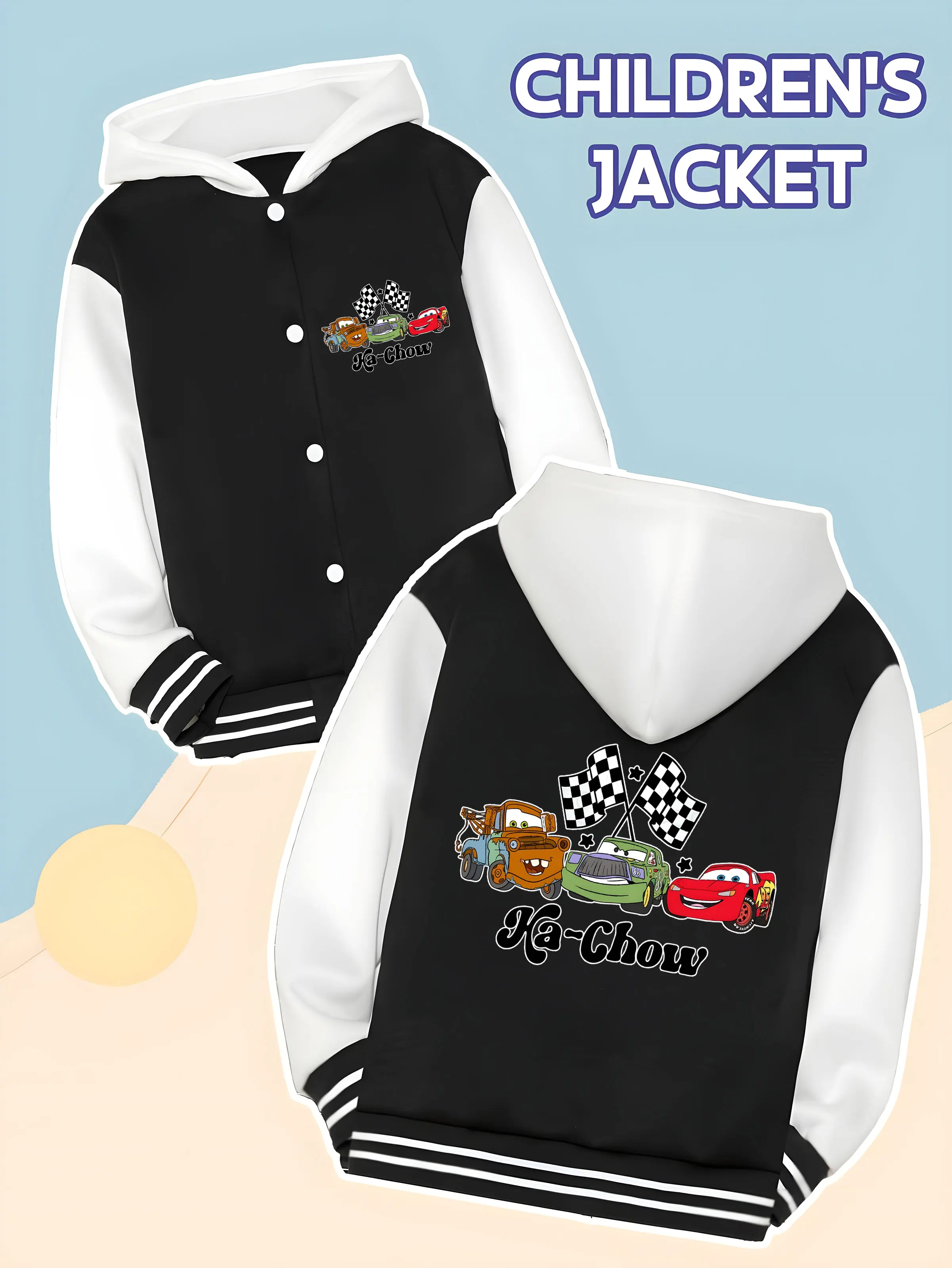 

MINISO Disney Cars Baseball Jacket for Boys - Multiple Cars "Ka-Chow" Print, Perfect for School or Racing Themed Events