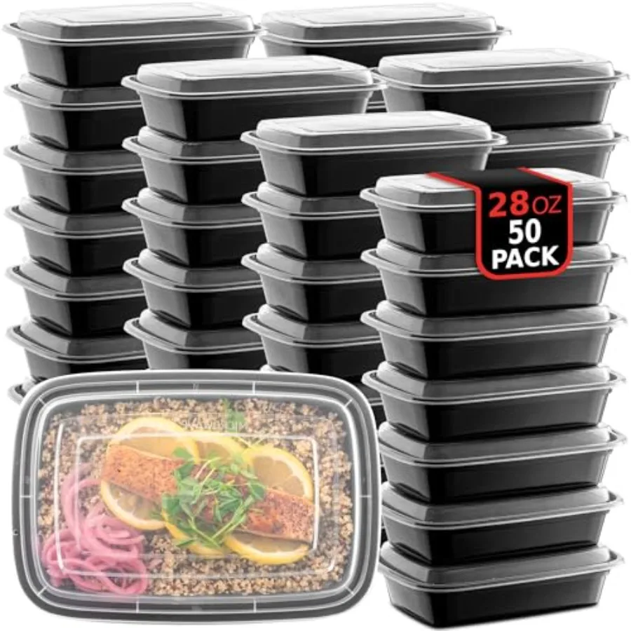 

50-Pack Reusable Meal Prep Containers Microwave Safe Food Storage Containers with Lids, 28 oz - 1 Compartment Take Out Disposab