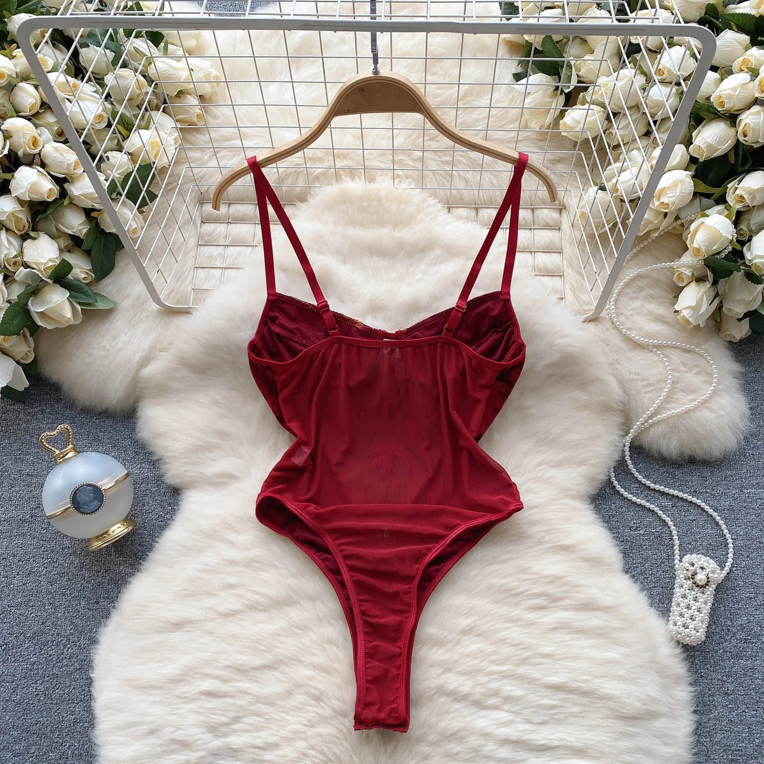 Sexy Red Lace Embroidered Jumpsuit For Women With Mesh Insets And Suspender Top Slim Fitting Velvet Ladies One Piece Jumpsuit