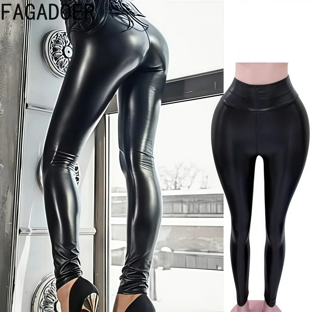 FAGADOER Sexy Black Leather Pants Women High Waist Elasticy Bodycon Leggings Pants  Female Streetwear Skinny Bottoms Spring New