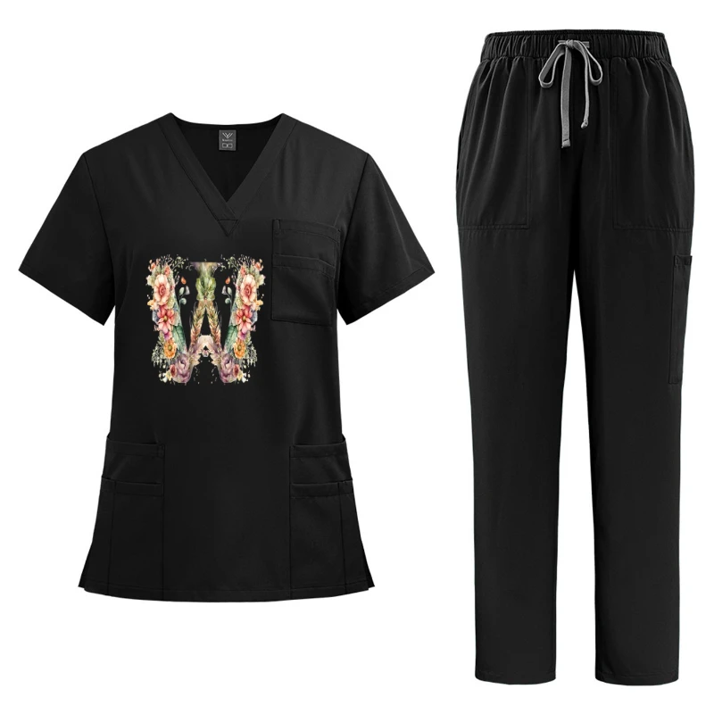Exclusive Print Unisex V-Neck Short-Sleeve Workwear Hospital Nurse Set Breathable Wrinkle-Resistant Medical Overalls