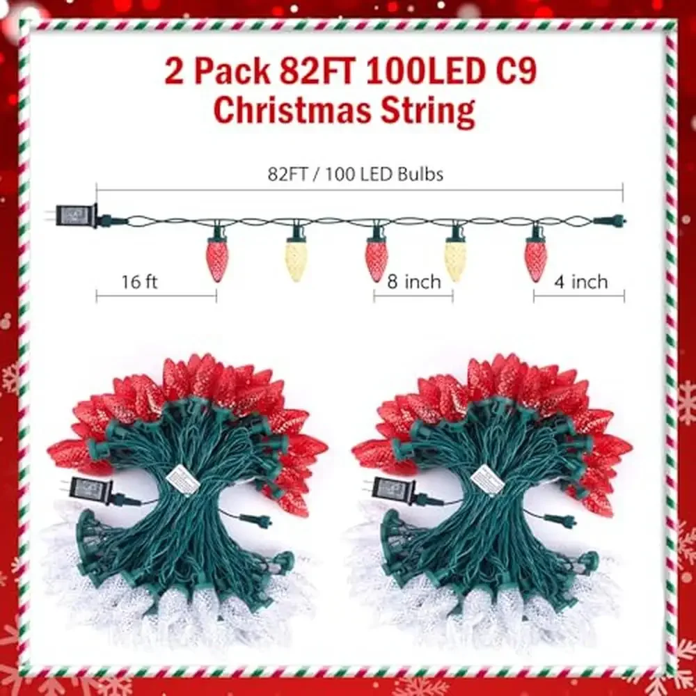 C9 LED Christmas String Lights 2 Pack 82ft 100 Outdoor Timer 8 Modes Extendable Bulbs Shaped Polycarbonate Faceted Brightness