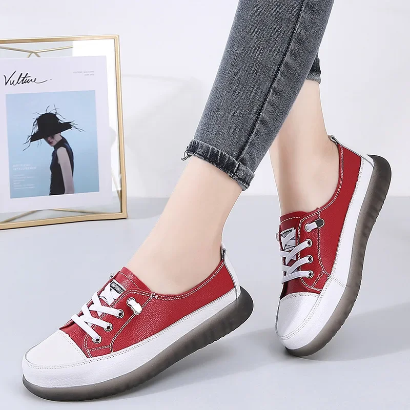 Genuine Leather Women Walking Sneakers Low Top Slip on Vulcanized Shoes Fashion Ladies Sports Outdoor Casual Cowhide Footwear