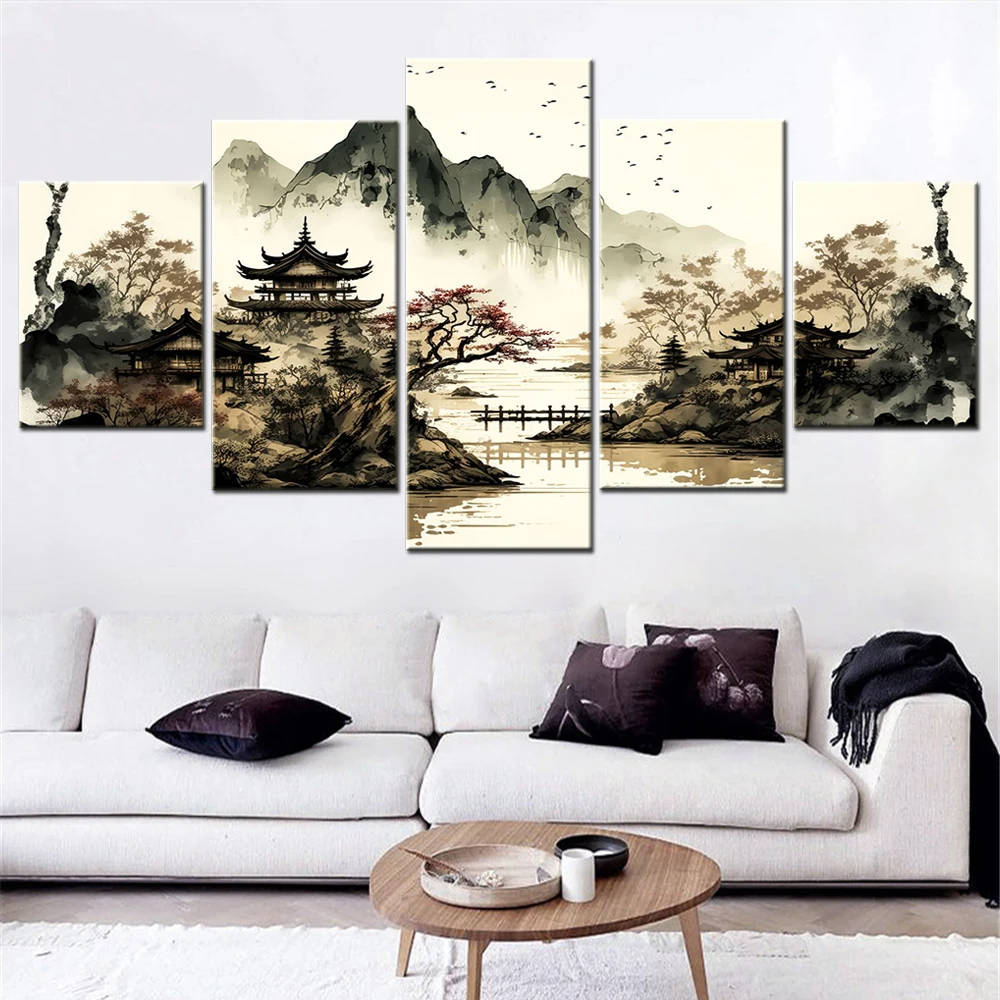 

Nuture Canvas Picture Print Vintage Japan Landscape Home Decoration Poster Painting for Living Room Wall Artwork 5 PCs Mural