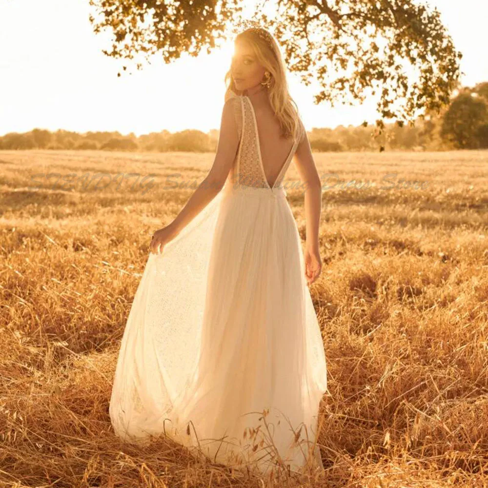 Newest Rembo Styling Bohemian Simple Square Sleeveless Backless Wedding Dresses Lace Tulle Ruffles Wedding Gown Sweep Train robe