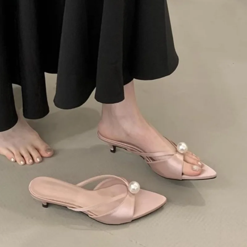Female Slip on Footwear Silk Fashion String Bead Elegant Women Low Heel Shoes Pointed Toe Ladies Heeled Pumps Slides Shoes