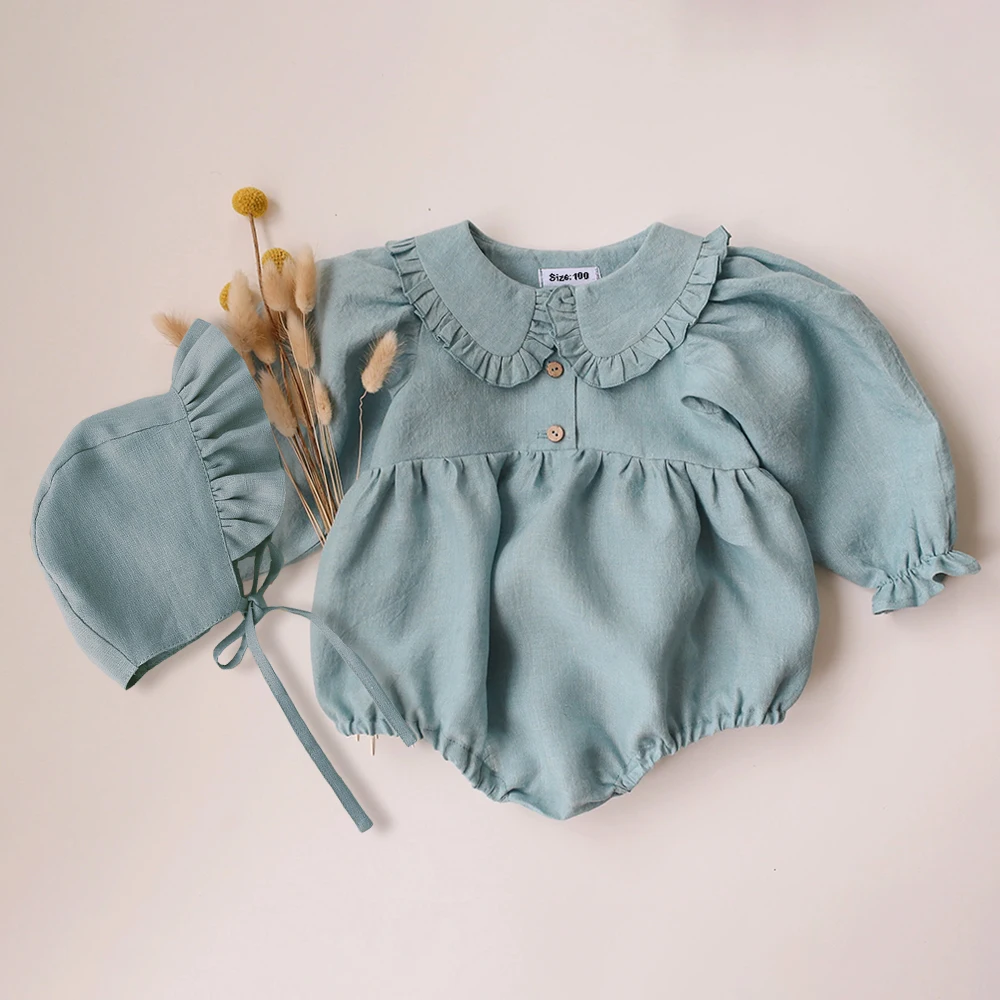 2Pcs Spring Baby Girls Playsuit With Hat Long Sleeves Newborn Romper Cotton Linen Fabric Infant Clothes