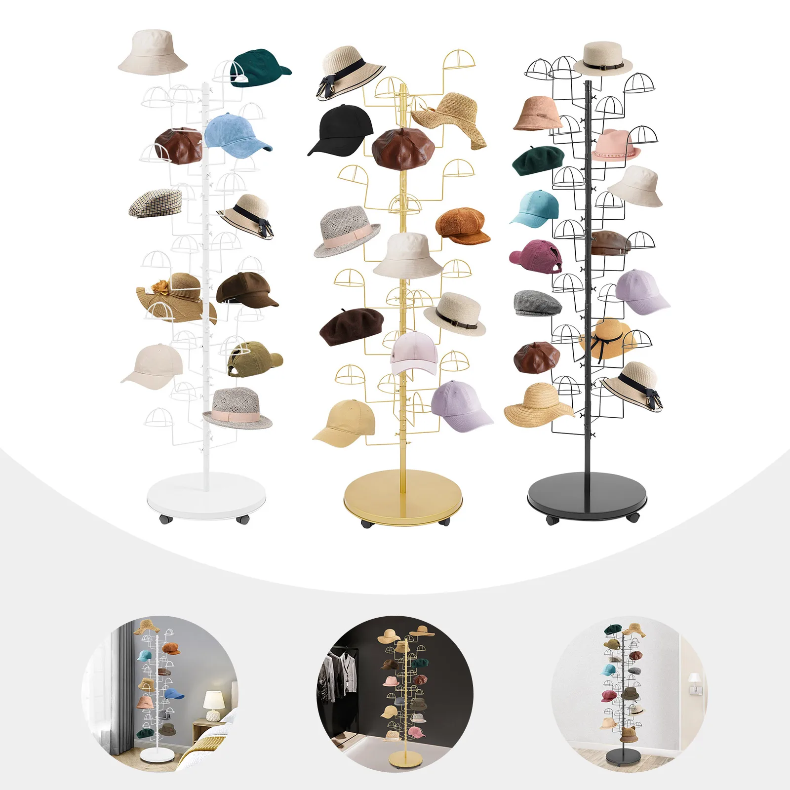 Carbon Steel Hats Display Stand with 30 Hooks,Gold/Black/White Hat Storage Stand Free Standing 50*180cm for Bedrooms,Cloakrooms