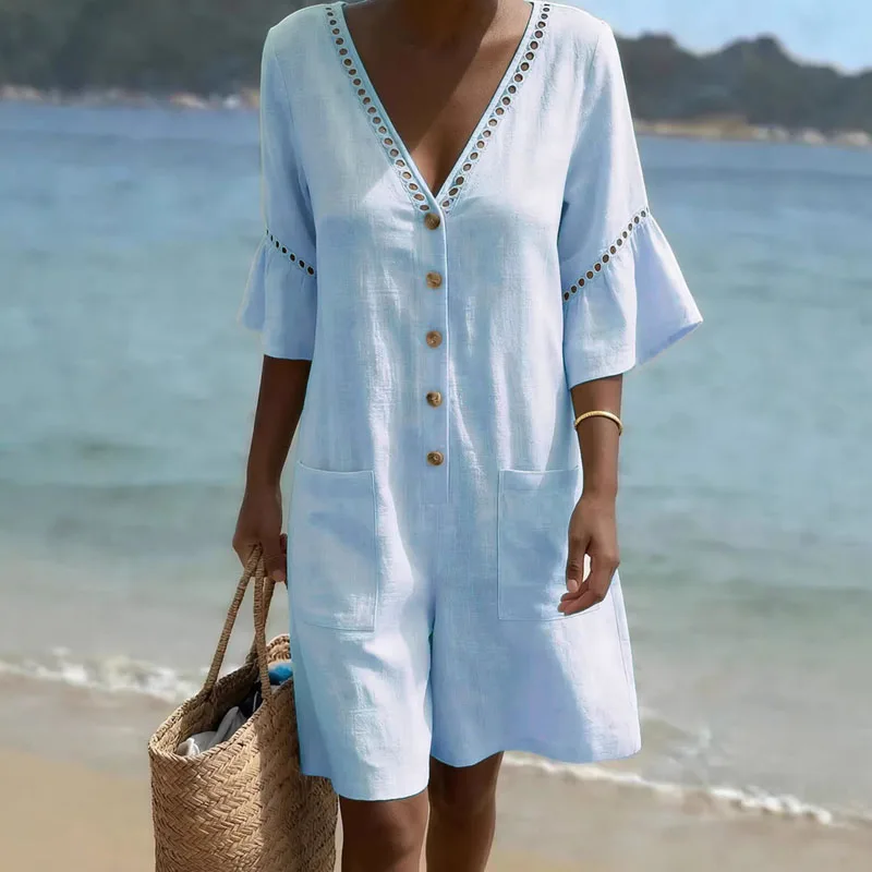 Greenora Simple Casual Solid Loose Short Jumpsuit Woman Sexy Deep V Neck Button Hollow Romper Spring Summer Flare Sleeve Holiday