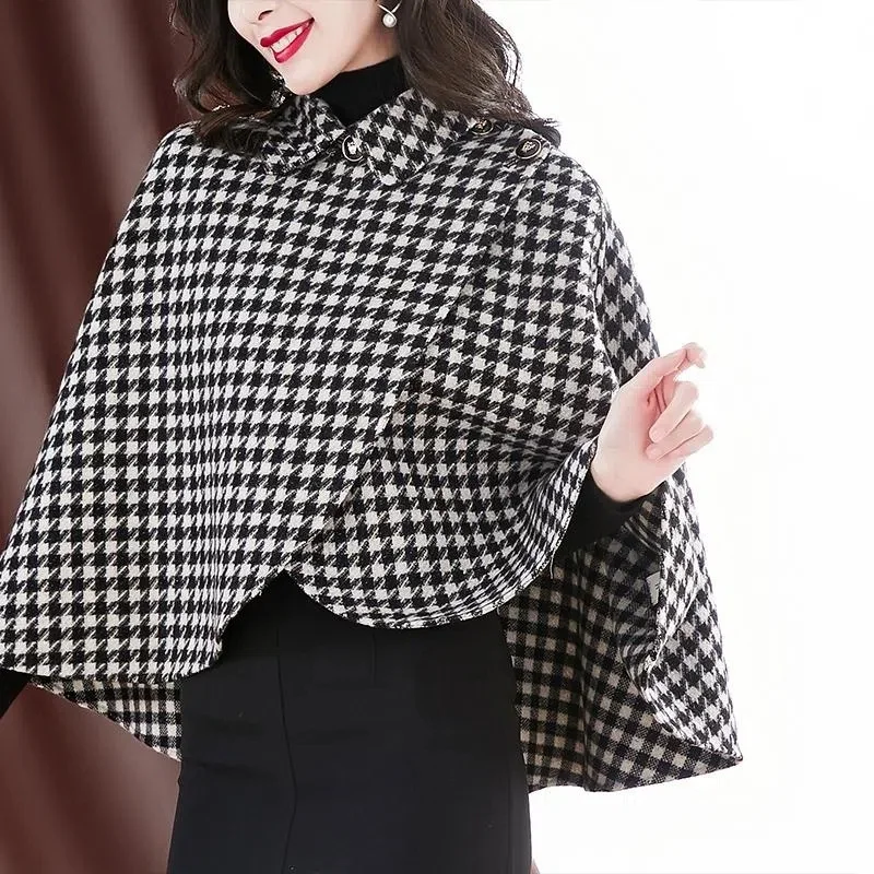 Cloak Woolen Coat Fashion Women Shawl Outerwear 2023 New Autumn Winter Houndstooth Plaid Loose Thin Jacket Tops Female