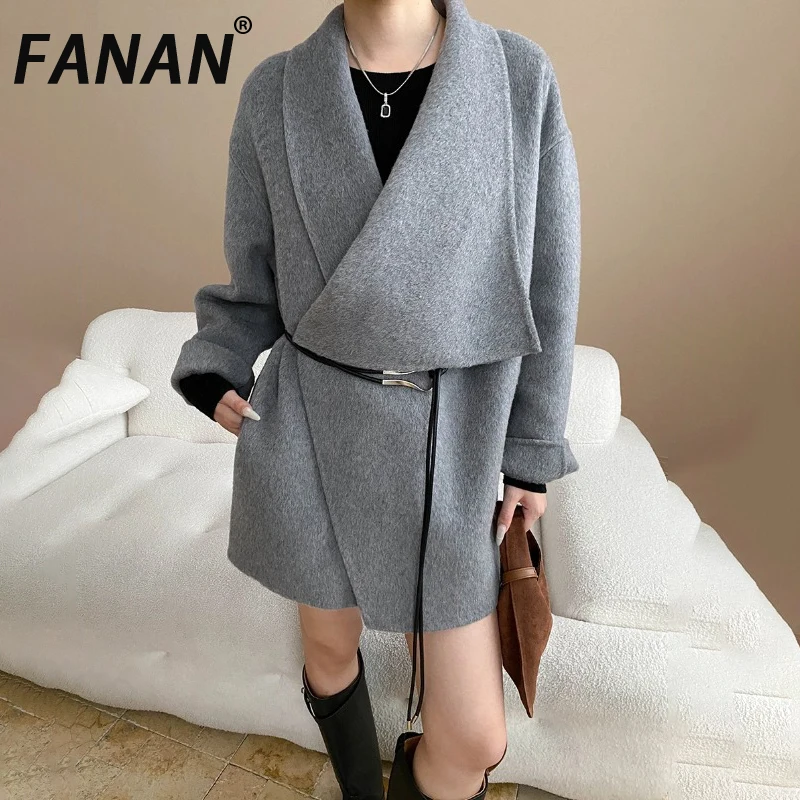 

FANAN нерегулярный дизайн, 100% шерстяные пальто для женщин, пояс с лацканами, присборенная талия, толстая теплая свободная верхняя одежда, женская одежда, новинка зимы