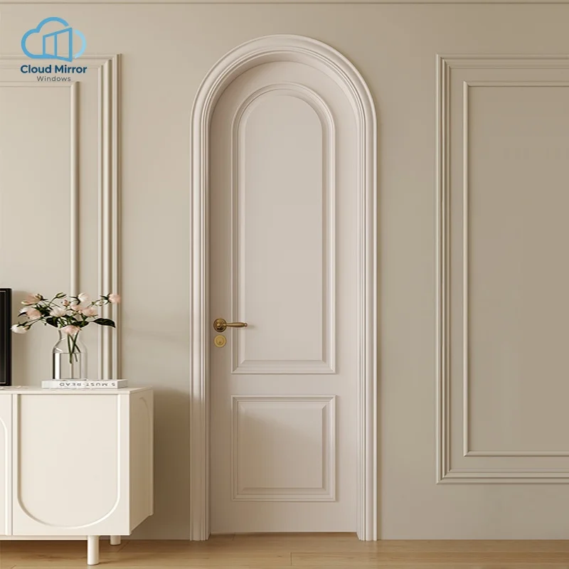 Vintage French Arch Top Solid Wood Interior Door, Solid Recessed Panel Swing Door For Bedroom Residential House Renovation