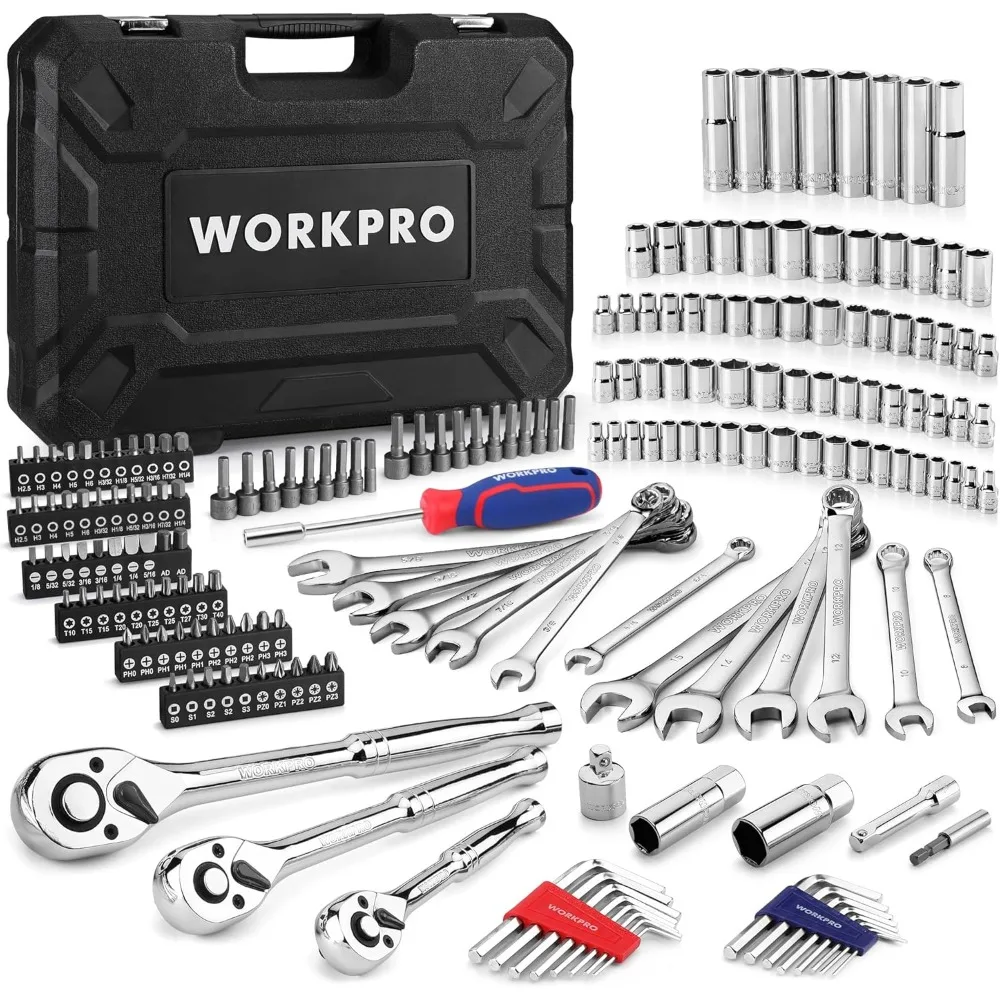 

Mechanics Tools Kit and Socket Set, 192-Piece, SAE&Metric, 1/2'', 1/4'', 3/8'' Drive Socket Ratchet Wrench Set with Molded Case