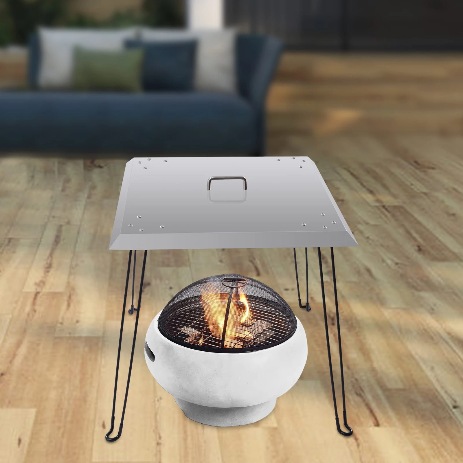 

Square Fire Pit Burner Cover to Push Heat Down and Out Stainless Steel Fires Pits Cover with Foldable Legs and Carrying Handle