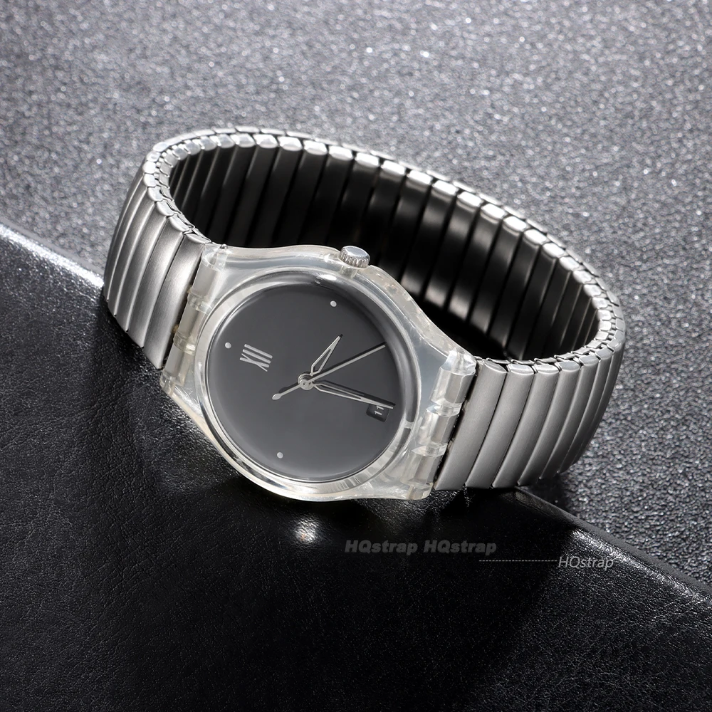 Elastisches Edelstahl-Uhrenarmband für Swatch, 17 mm, 20 mm, Herren und Damen, Metall-Stretch-Erweiterungsarmband, poliertes mattes Armband – Detail 6