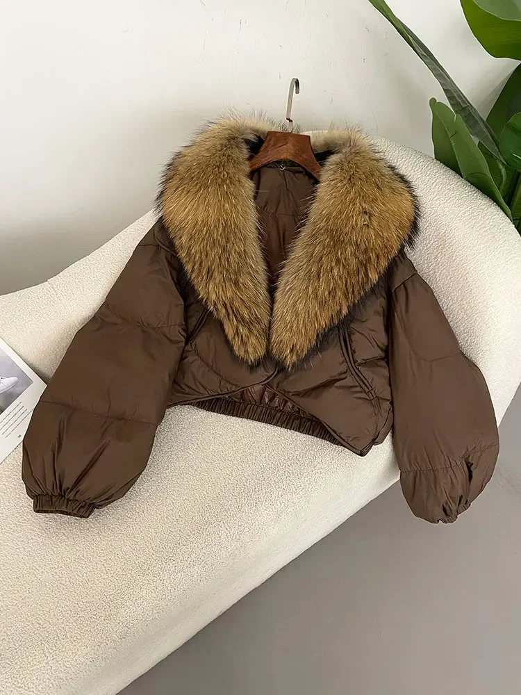 2025 겨울 숏 아우터웨어 스트리트웨어 루즈 캐주얼 재킷 여성용 리얼 폭스 라쿤 퍼 칼라 내추럴 두꺼운 따뜻한 덕다운 코트