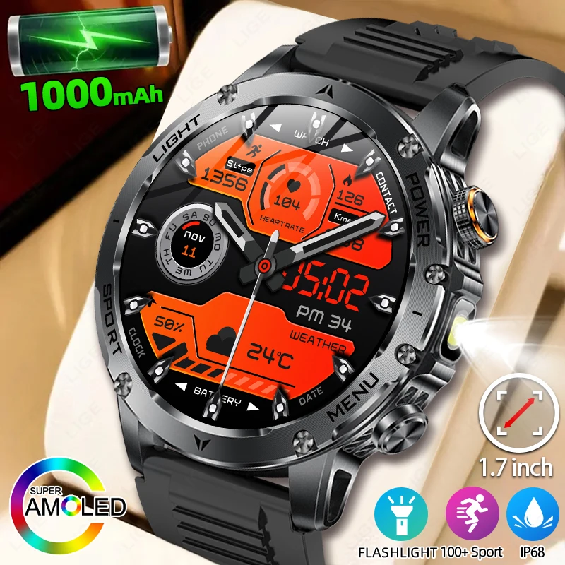 

LIGE Military 1000mAh AMOLED Smart Watch Men Health Monitor Waterproof Sports Fitness Watches BT Call Smartwatch for Android iOS