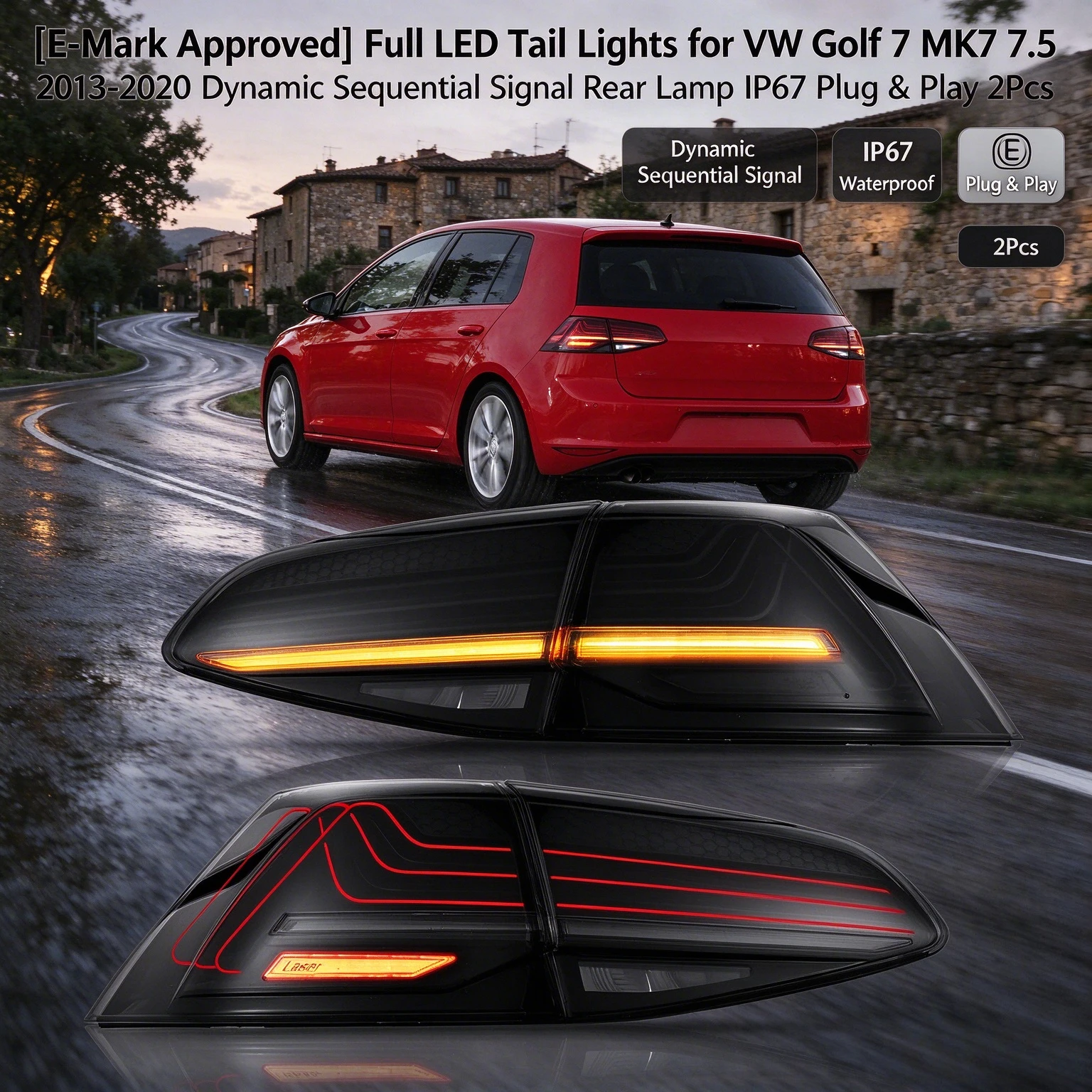 [E-Mark-Zertifiziert] Voll-LED-Rückleuchten für VW Golf 7 MK7 7.5 2013-2020 Dynamisches Sequenzielles Blinklicht Rückleuchte IP67 Plug & Play 2 Stück