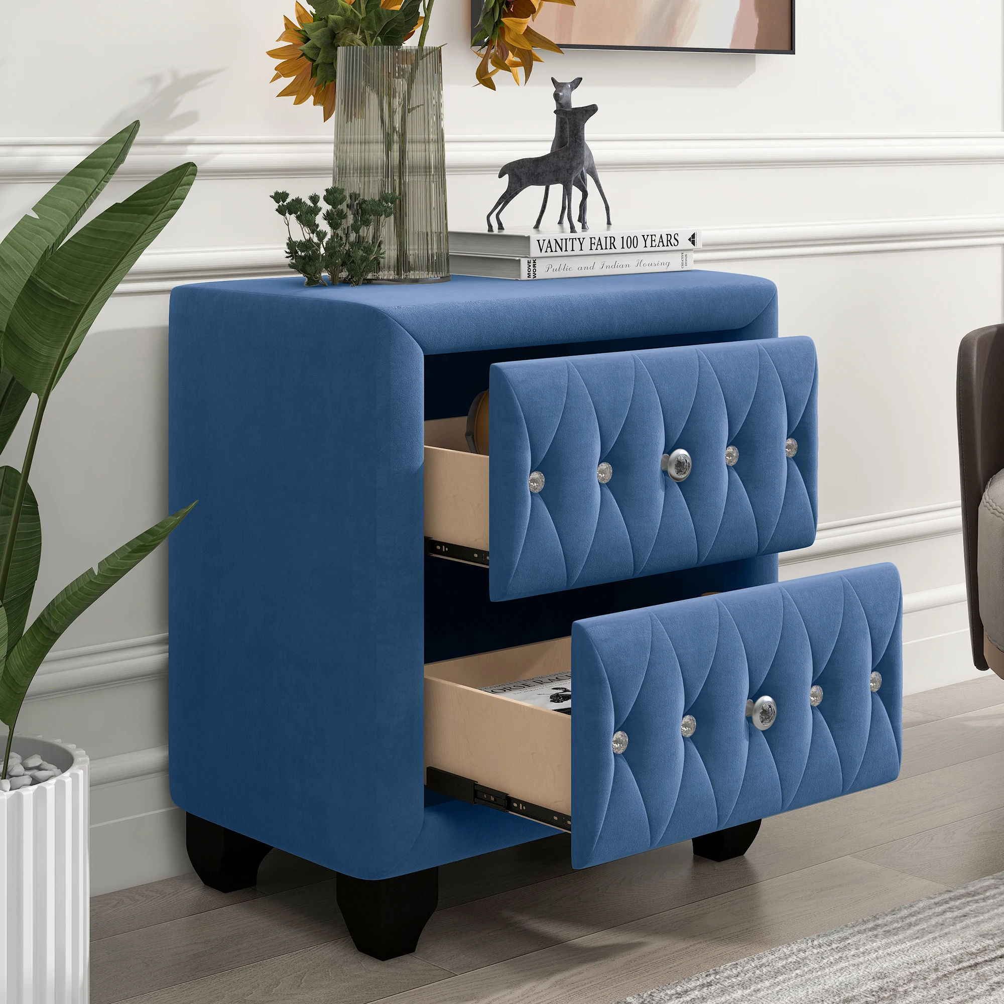 4 Colors Bedroom Upholstery Nightstands with 2 Drawers Velvet Bedside Cupboards 25Lx15.9'Wx27.9H(inch) Bedside Tables[US-W]