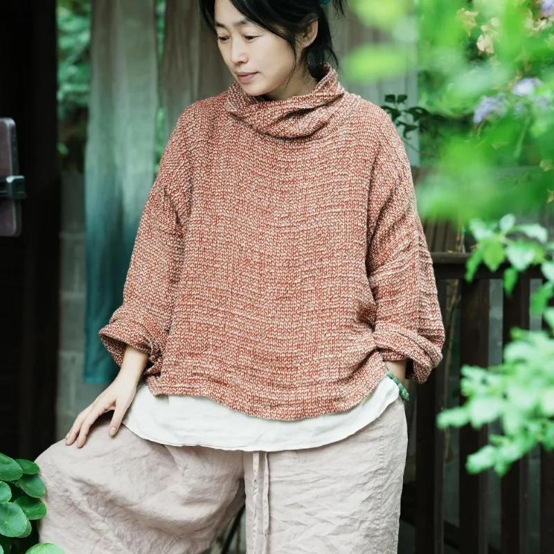 Women Premium Textured Linen Cowl Neck Blouse and Tops Long Sleeve Breathable Casual Femme T-Shirts Autumn Winter Turtleneck Tee