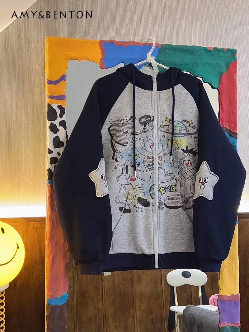 2024 Autumn Japanese Original Hand-painted Stick Figure Printing Childlike Antique Cotton Thick Hooded Jacket For Women