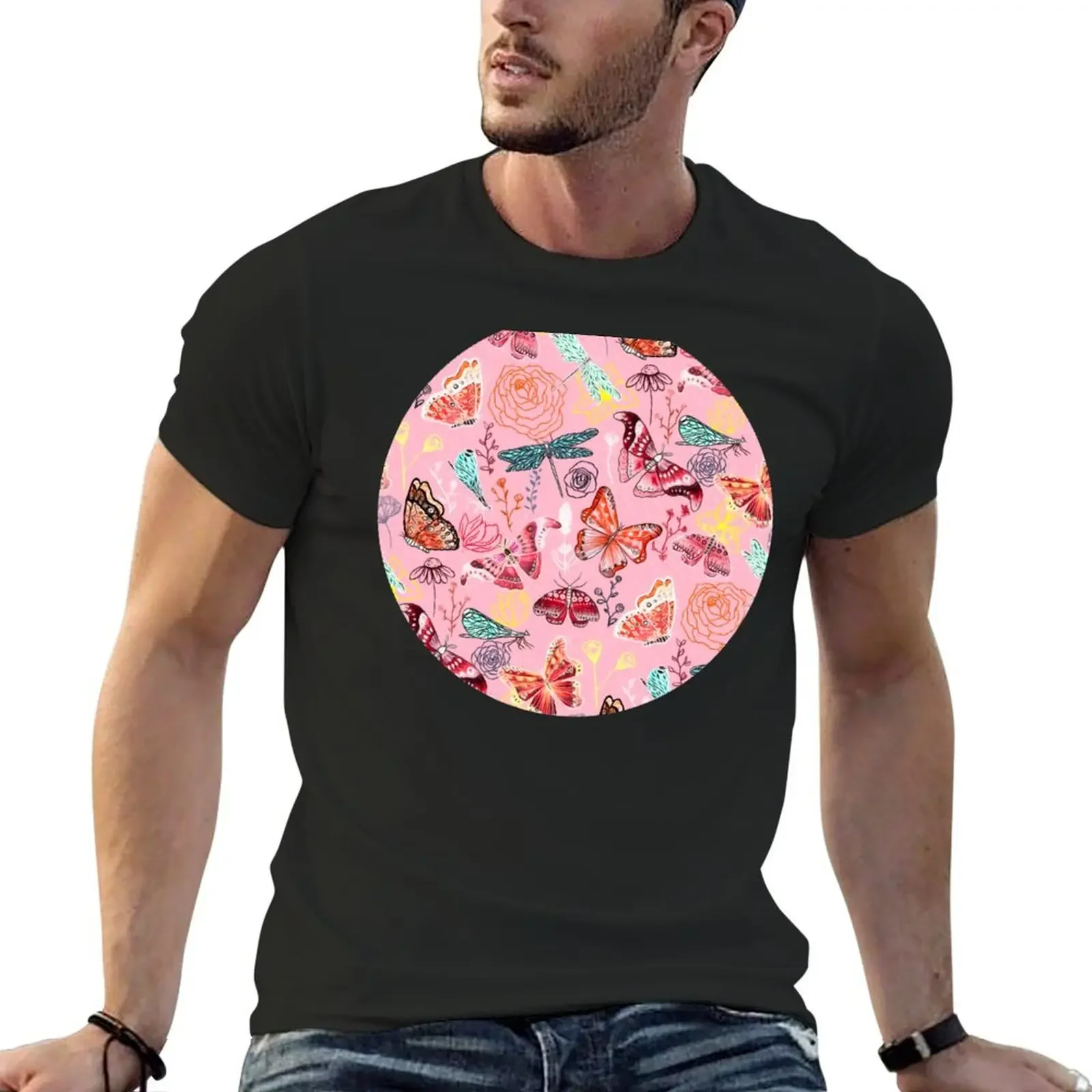 Dragonflies, Butterflies, Moths and Floral Design on Millennial Pink T-Shirt street wear custom t shirt mens tall t shirts