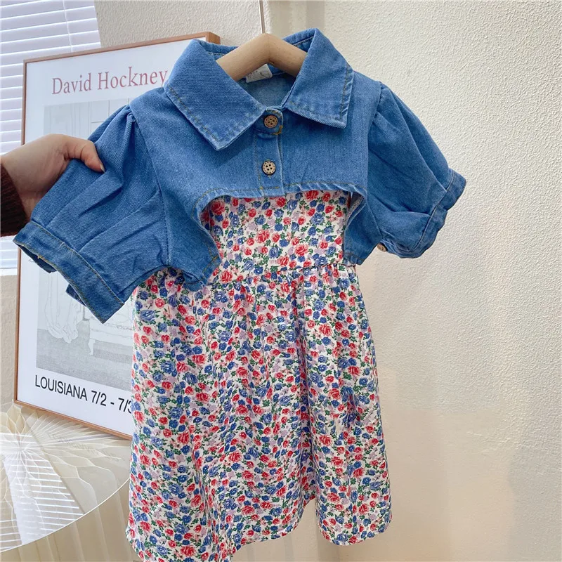 Summer Children Girls Clothing Sets Denim Shawl Top +Floral Suspender Skirt Toddler Baby Clothes Suit Girls Fashion Kids Outfit