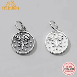TrustDavis  Real 925 Sterling Silver Fashion Geometric Round Coin Flower Charm Pendant Handmade DIY Accessories Jewelry DZ100