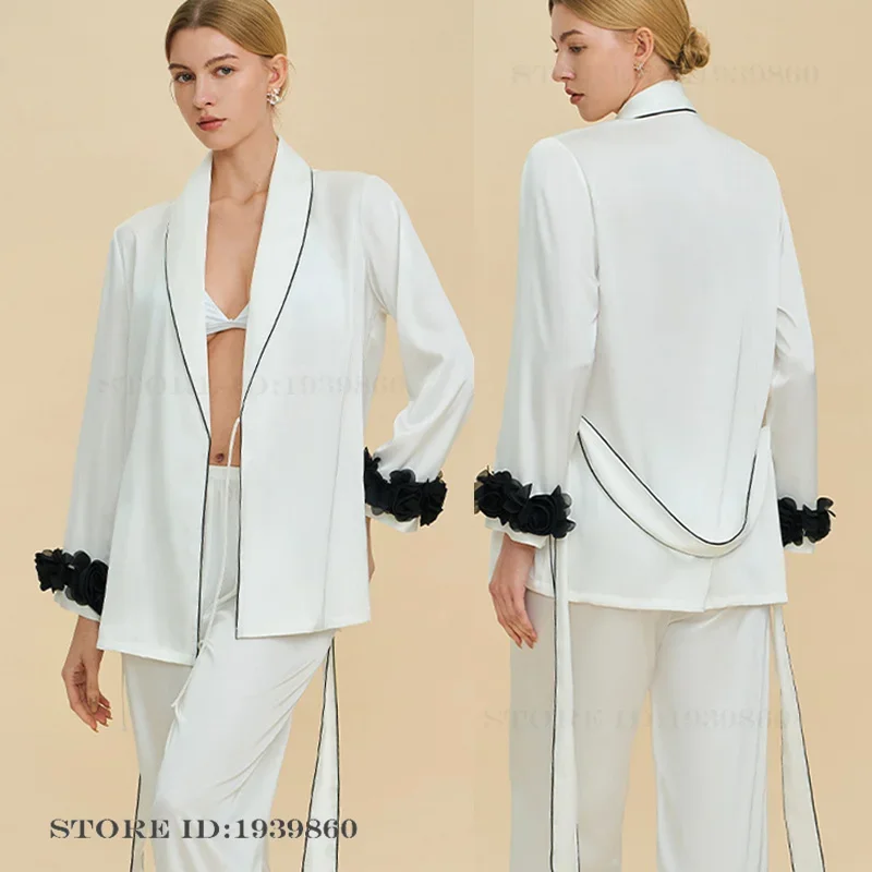French Style Womens Pajamas Set Home Clothes Elegant Long Sleeve Cardigan Trouser Pijamas Suit Loose Silky Satin Homewear Pjs