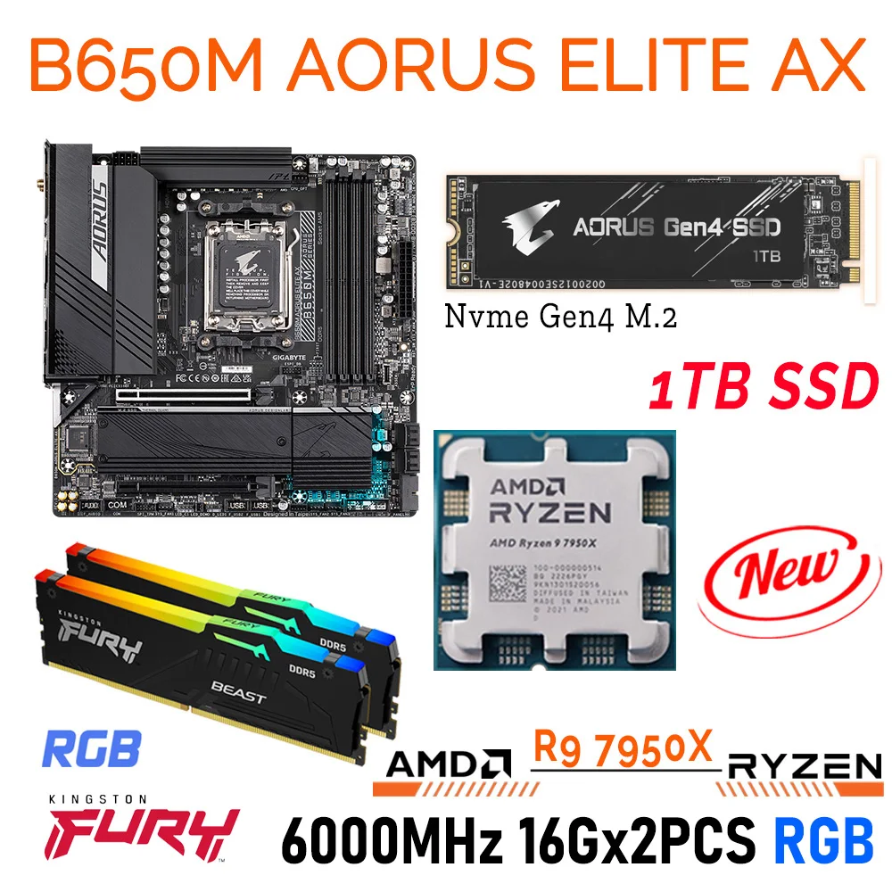 Socket AM5 R9 7950X CPU Combo With Gigabyte B650M AORUS ELITE AX DDR5 AMD B650 Mainboard Ryzen Kit R9 7950X DDR5 32GB Memory New