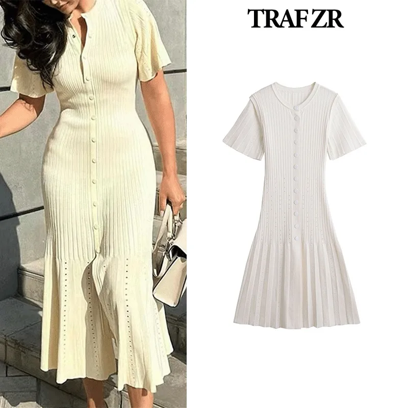 TRAF ZR White Dresses for Formal Occasions Robes Midi Elegant and Beautiful Women\'s Dresses Solid Basics Y2k Mid-Calf Dress