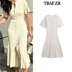 TRAF ZR White Dresses for Formal Occasions Robes Midi Elegant and Beautiful Women's Dresses Solid Basics Y2k Mid-Calf Dress