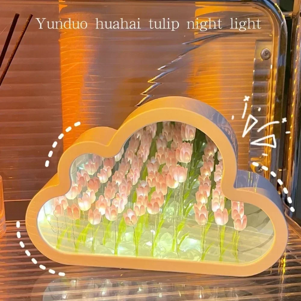 2024 Hot Handmade DIY Tulip Cloud Flower Sea Night Light Atmosphere Light Mirror Light Transparent Mirror Valentine's Day Gift