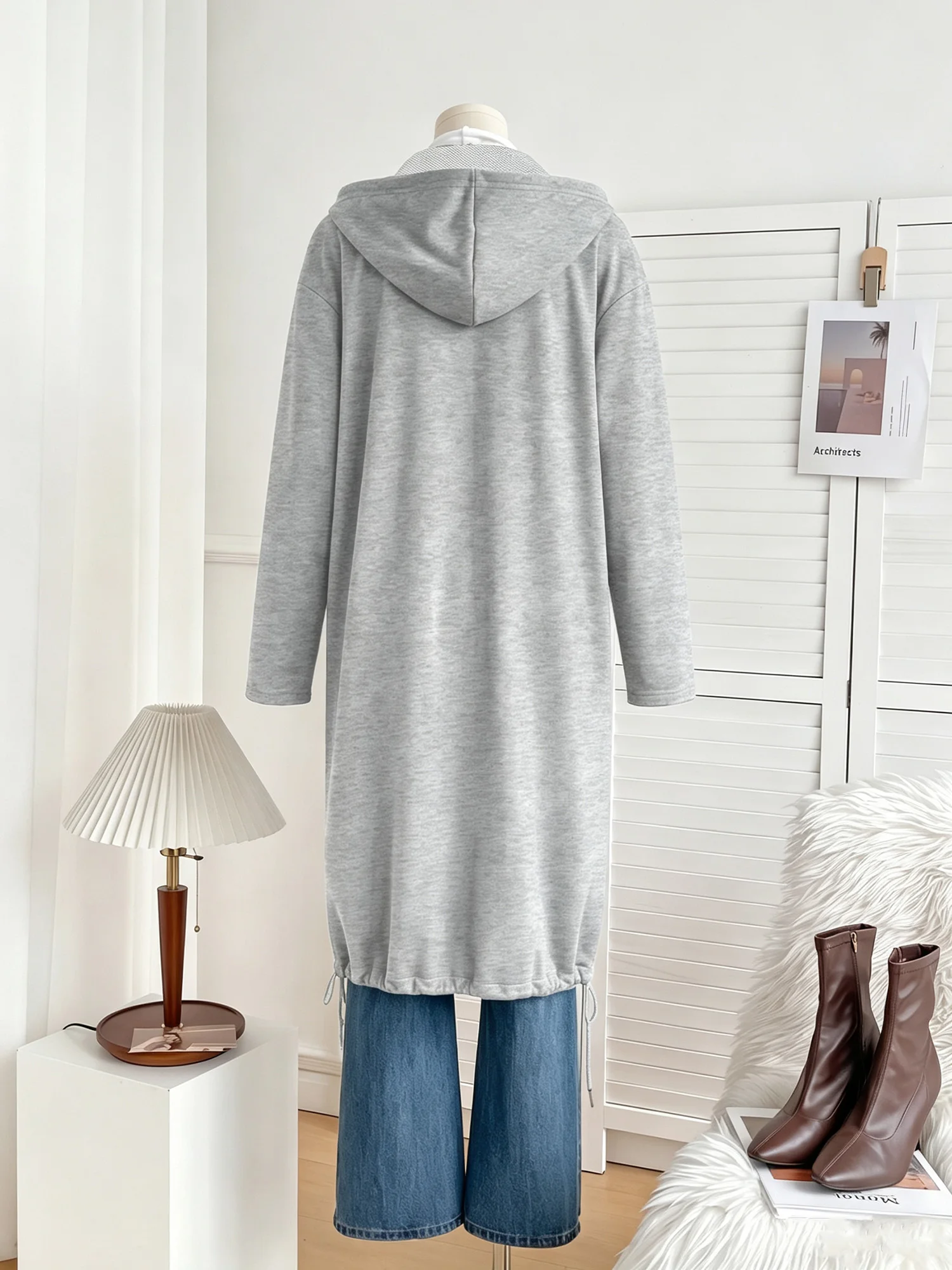 Casual Long Hoodie Zip Up Sweatshirt Coat For Women Drawstring Hem Loose Fit Long Sleeve Jacket