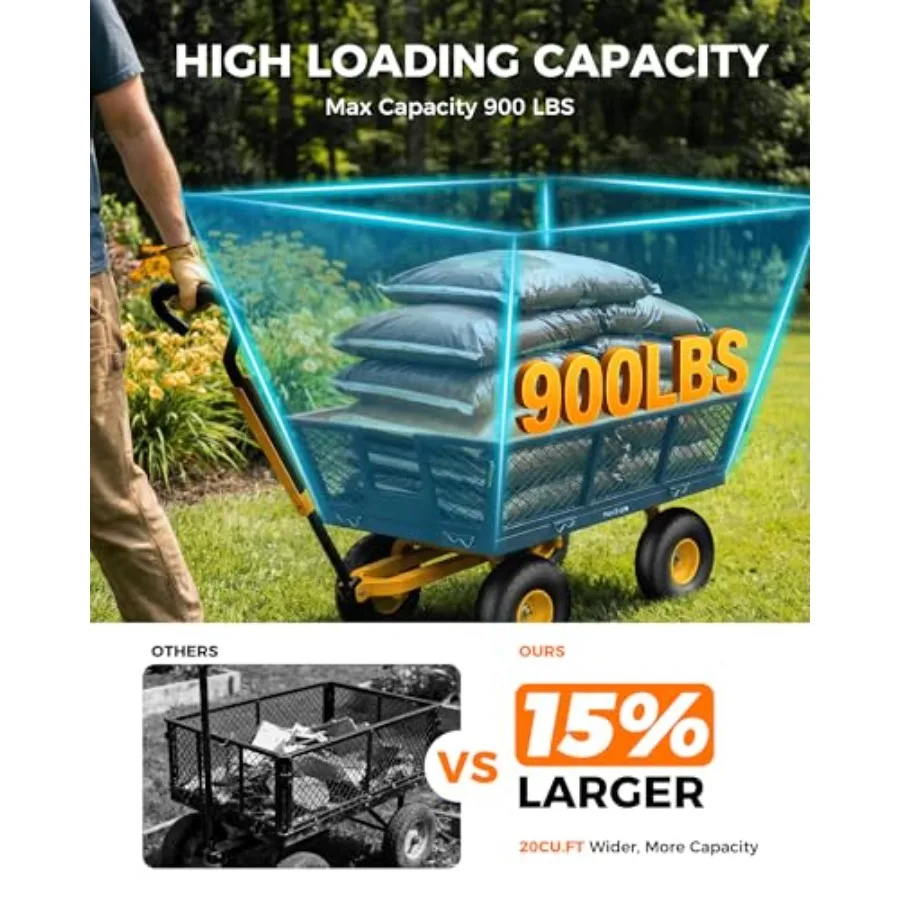 900 Lbs Heavy Duty Steel Garden Cart, Outdoor Metal Garden Wagon On Wheels, Utility Yard Cart with Mesh Removable Sides Convert