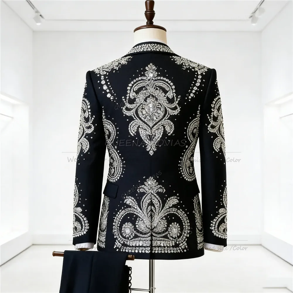

Customized Beaded Stones Suits Men Single Breasted Prom Blazer Attire For Wedding 2 Piece Set Groom Tuxedos Terno Masculinos